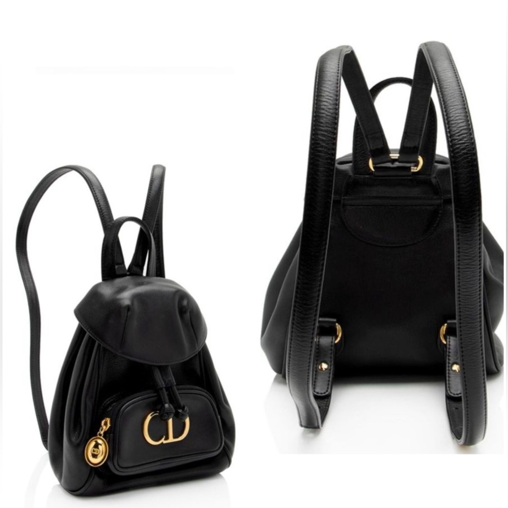 SOLD Dior Black Leather Vintage Backpack W/Gold Hardware And Drawstring Closure - Picture 3 of 16